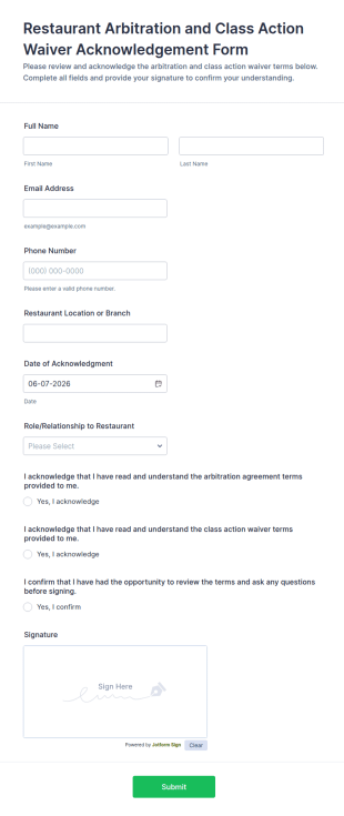 Restaurant Arbitration And Class Action Waiver Acknowledgement Form Template