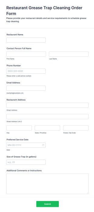 Restaurant Grease Trap Cleaning Order Form Template