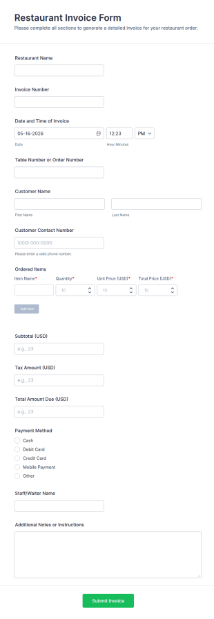 Restaurant Invoice Form Template