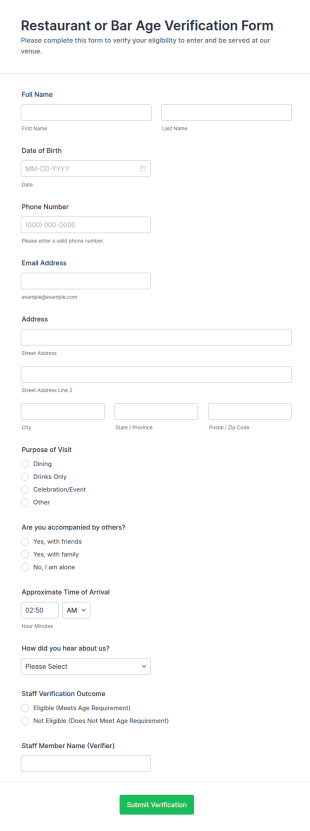 Restaurant Or Bar Age Verification Form Template