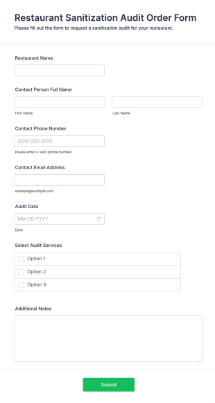 Restaurant Sanitization Audit Order Form Template