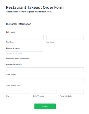 Restaurant Takeout Order Form Template