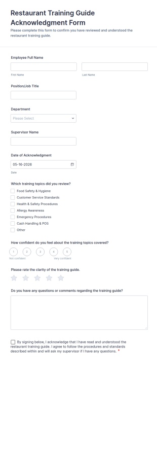 Restaurant Training Guide Acknowledgment Form Template