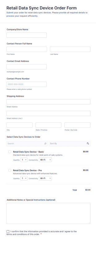 Retail Data Sync Device Order Form Template