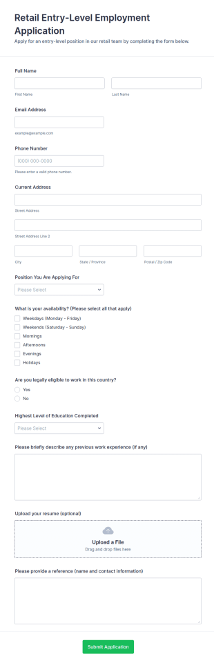 Retail Entry Level Employment Application Form Template