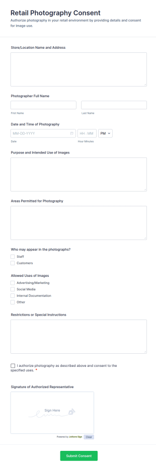 Retail Environment Photography Consent Form Template