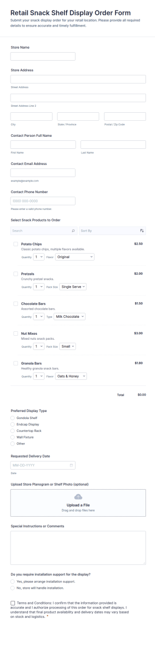Retail Snack Shelf Display Order Form Template
