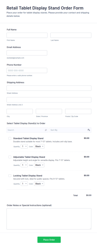 Retail Tablet Display Stand Order Form Template