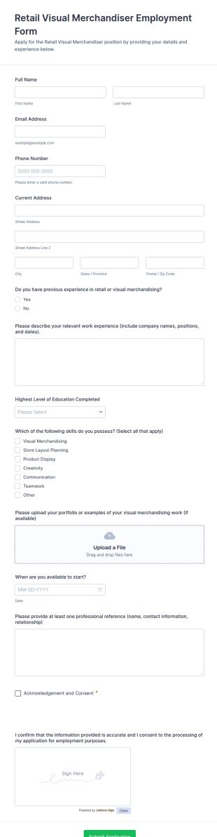 Retail Visual Merchandiser Employment Form Template