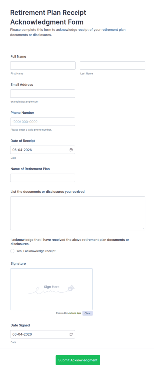 Retirement Plan Receipt Acknowledgment Form Template