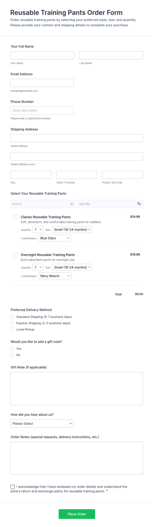 Reusable Training Pants Order Form Template