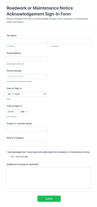 Roadwork Or Maintenance Notice Acknowledgement Sign In Form Template