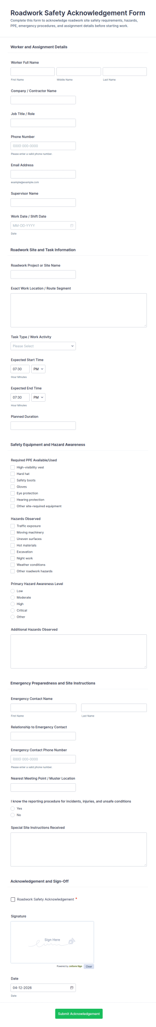 Roadwork Safety Acknowledgement Form Template