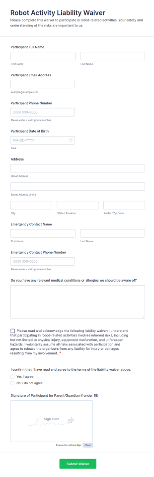 Robot Activity Liability Waiver Form Template