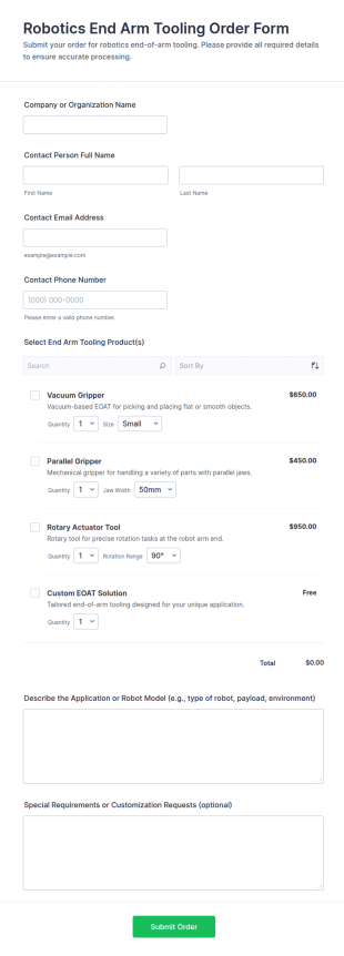 Robotics End Arm Tooling Order Form Template