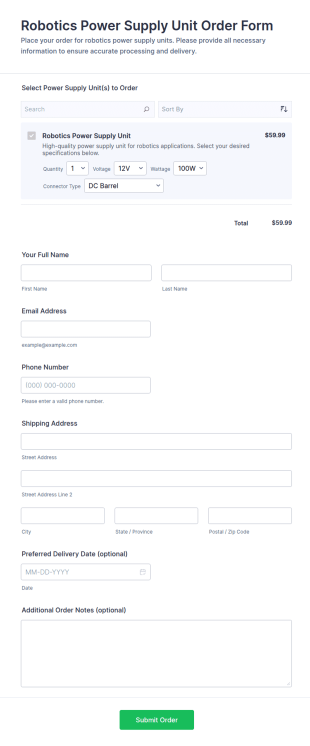 Robotics Power Supply Unit Order Form Template