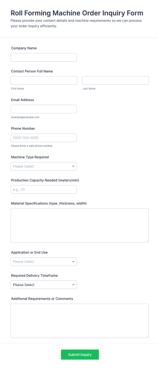 Roll Forming Machine Order Inquiry Form Template