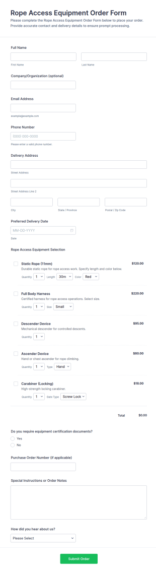 Rope Access Equipment Order Form Template