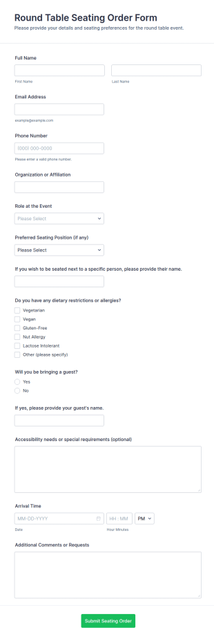 Round Table Seating Order Form Template