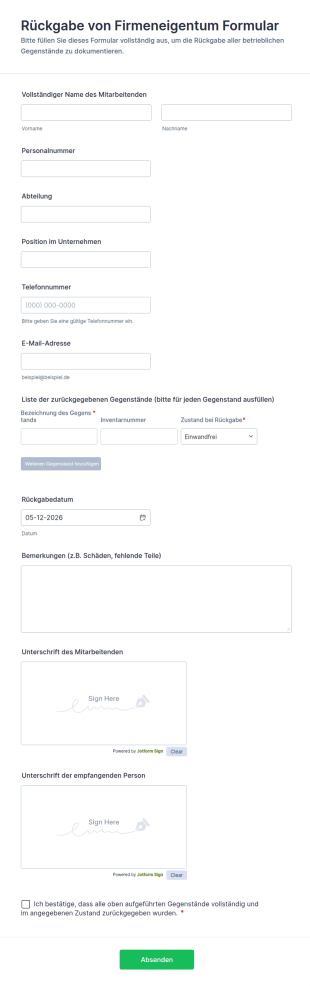 Rückgabe Von Firmeneigentum Formular