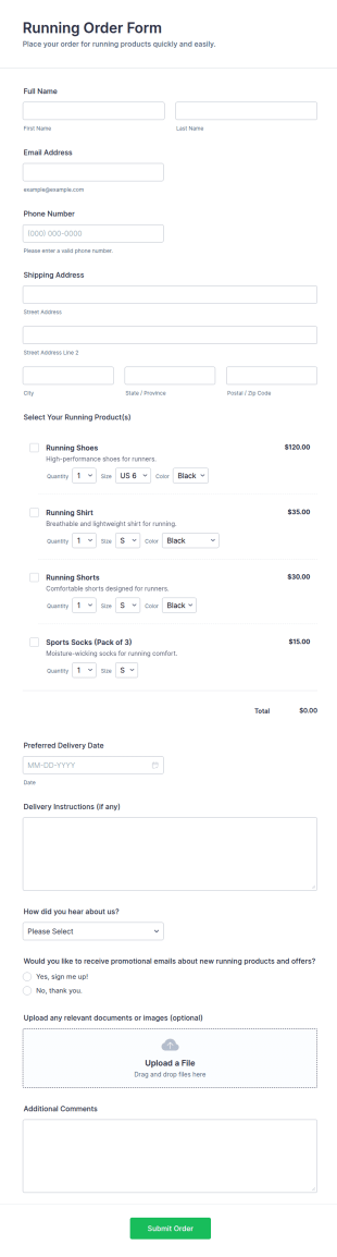 Running Order Form Template