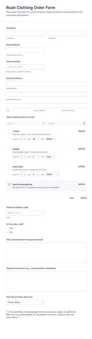 Rush Clothing Order Form Template