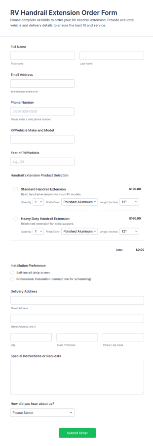 RV Handrail Extension Order Form Template