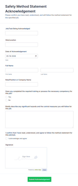 Safety Method Statement Acknowledgement Form Template