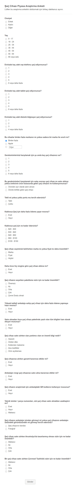 Şarj Cihazı Piyasa Araştırma Anketi Form Şablonu