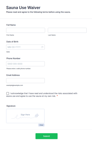 Sauna Use Waiver Form Template
