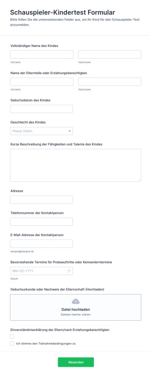 Schauspieler Kindertest Formular