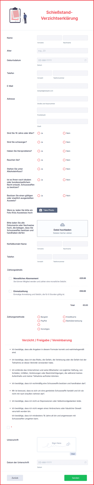 Schießstand Verzichtserklärung