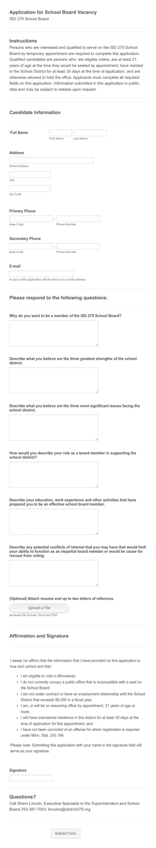 School Board Vacancy Application Form Template