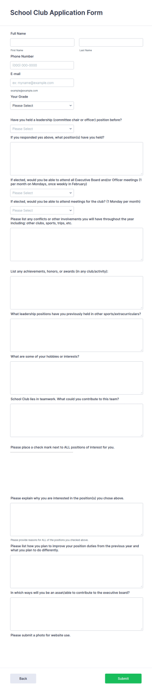 School Club Application Form Template