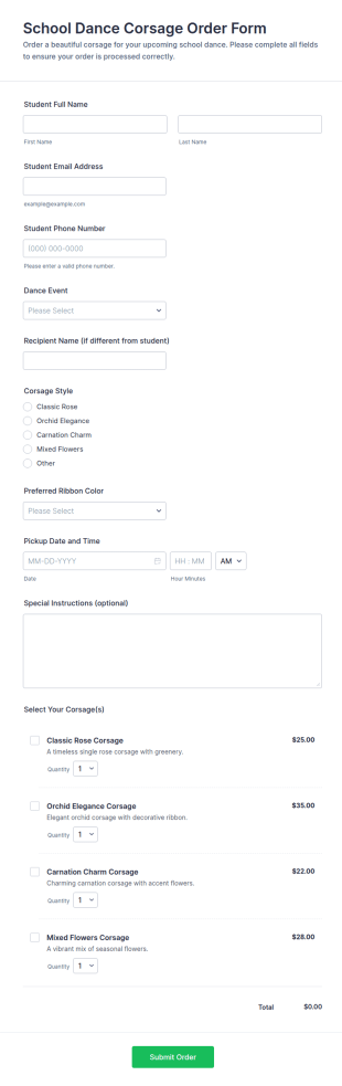 School Dance Corsage Order Form Template