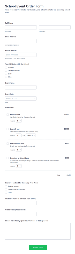 School Event Order Form Template