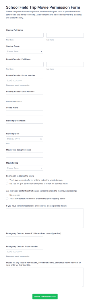 School Field Trip Movie Permission Form Template