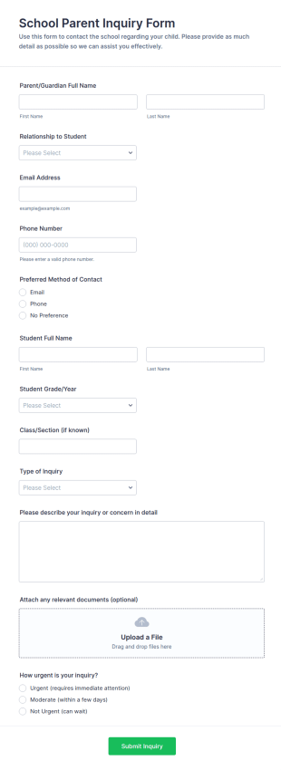 School Parent Inquiry Form Template