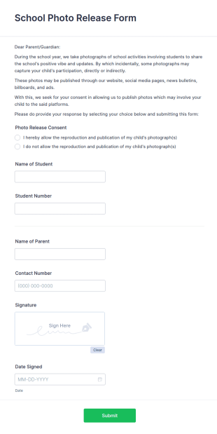 School Photo Release Form Template