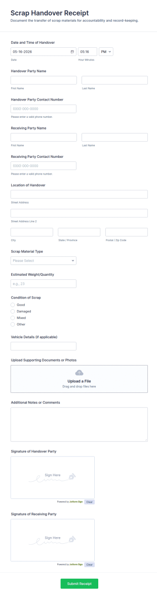 Scrap Handover Receipt Form Template