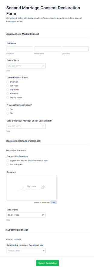 Second Marriage Consent Declaration Form Template