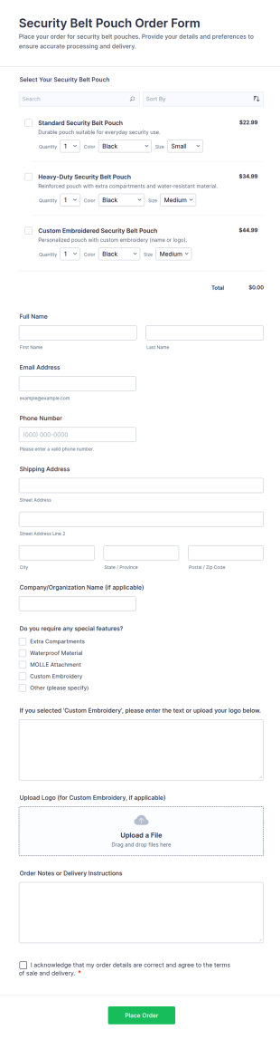 Security Belt Pouch Order Form Template