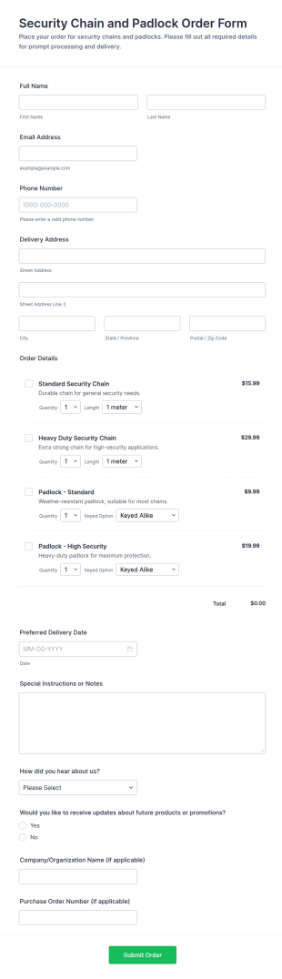 Security Chain And Padlock Order Form Template