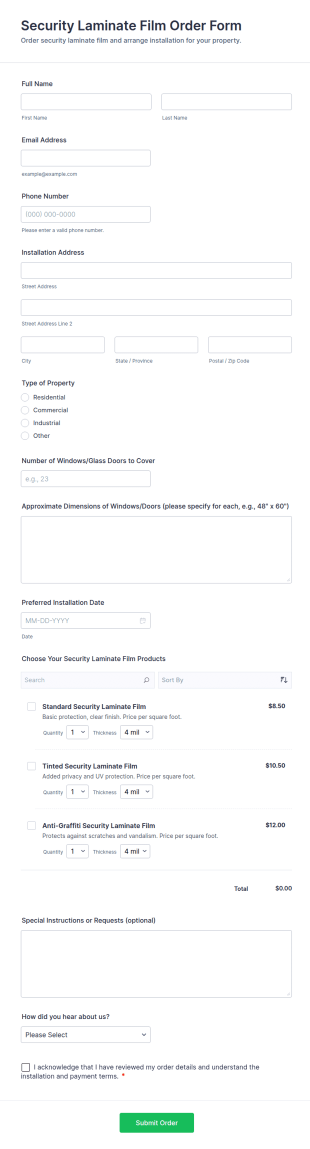 Security Laminate Film Order Form Template