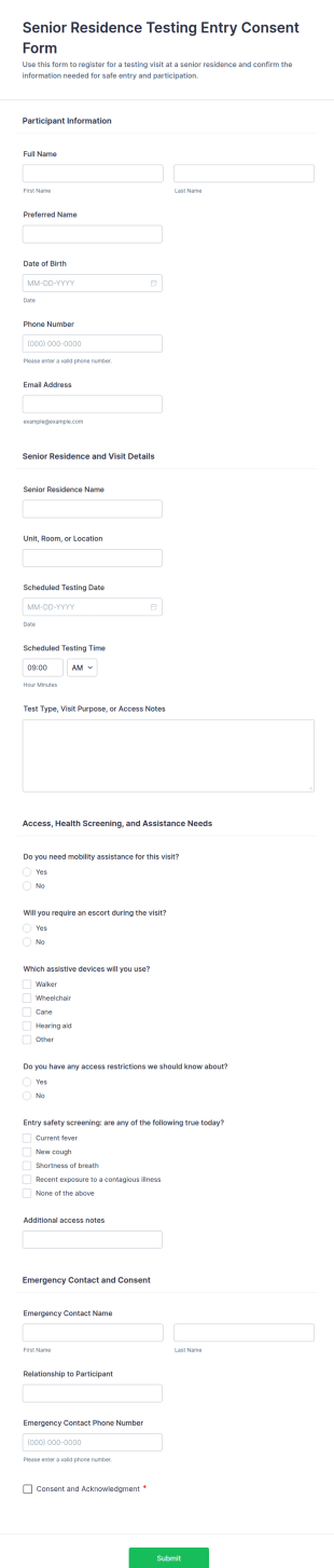 Senior Residence Testing Entry Consent Form Template