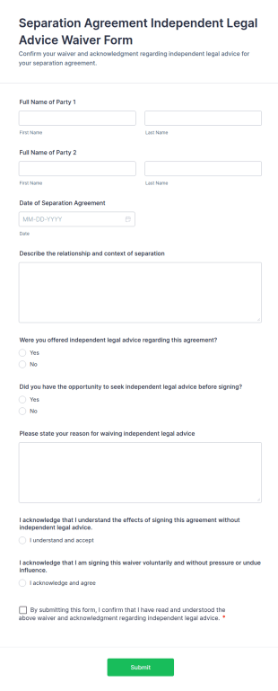 Separation Agreement Independent Legal Advice Waiver Form Template