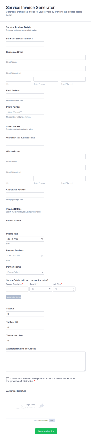 Service Invoice Generator Form Template