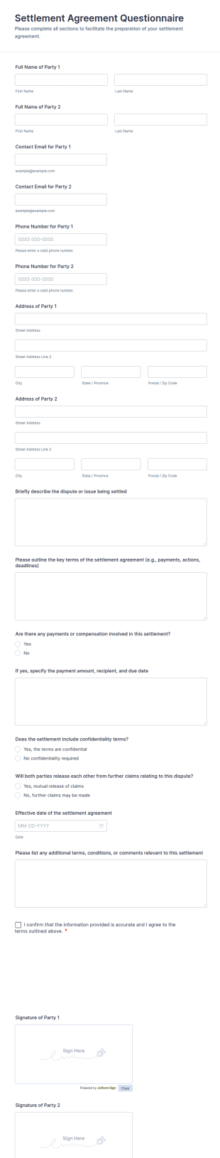Settlement Agreement Questionnaire Form Template