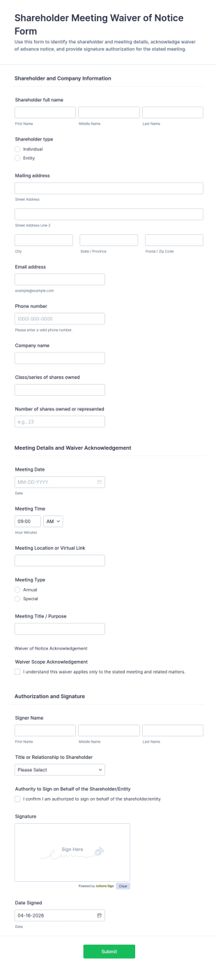 Shareholder Meeting Waiver Of Notice Form Template