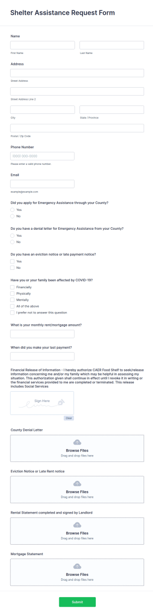 Shelter Registration Form Template